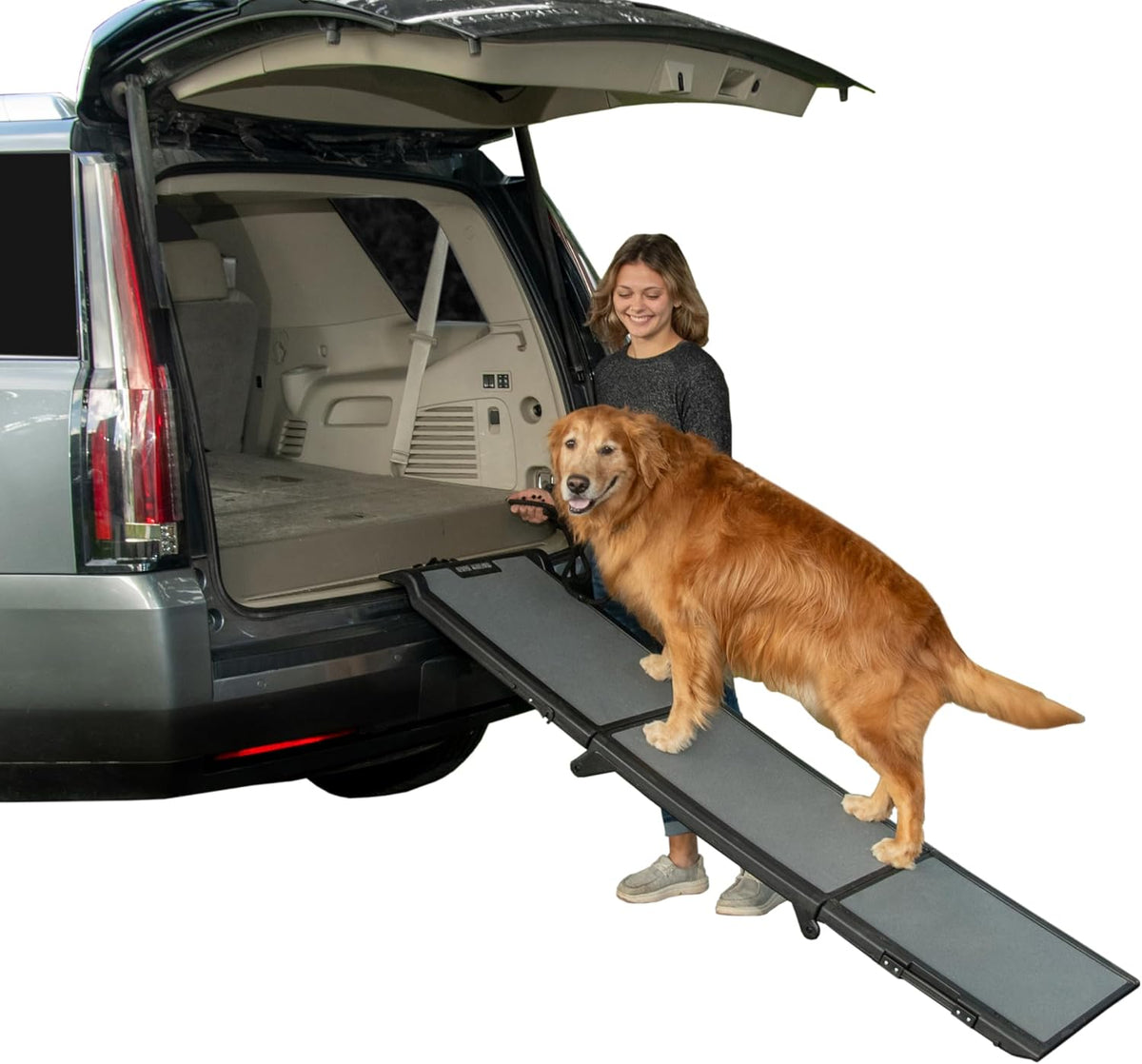 Wide tri-fold pet ramp unfolded against a vehicle