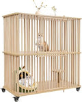 Wooden Cat House with Sisal and 4 Wheels, 2-Story Villa, 44.1x22x42.5in
