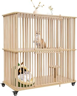 2-Tier Wooden Cat House Villa with 4 Lockable Wheels