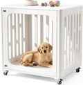 White HDPE pet crate with ventilated slats and swivel wheels