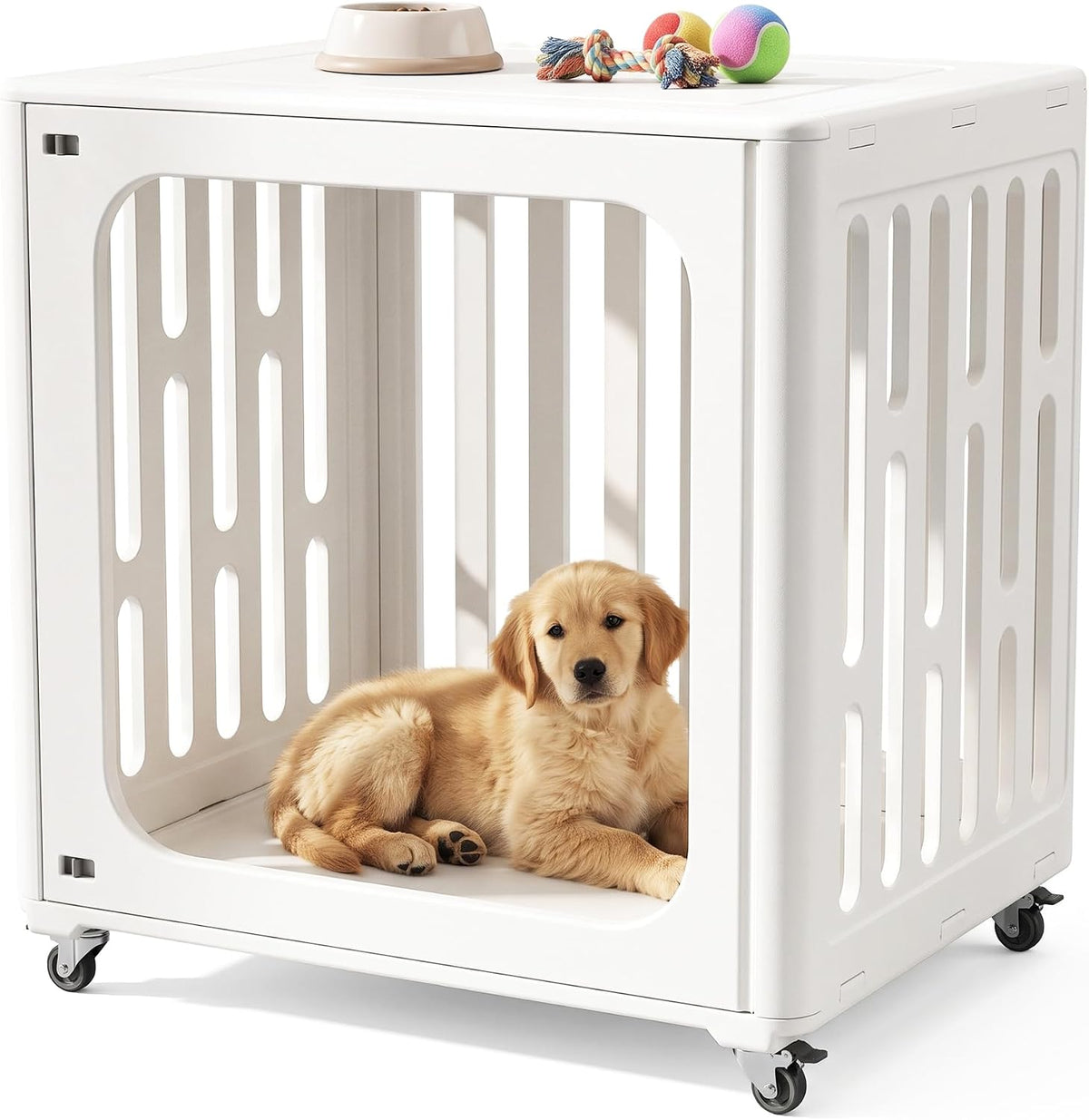 White HDPE pet crate with ventilated slats and swivel wheels