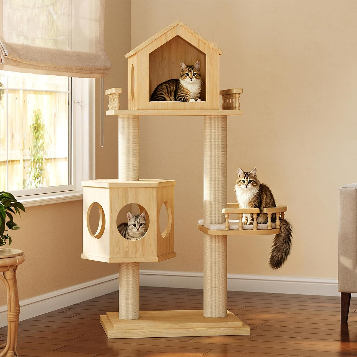 Solid wood cat tree with two cat houses and plush cushions