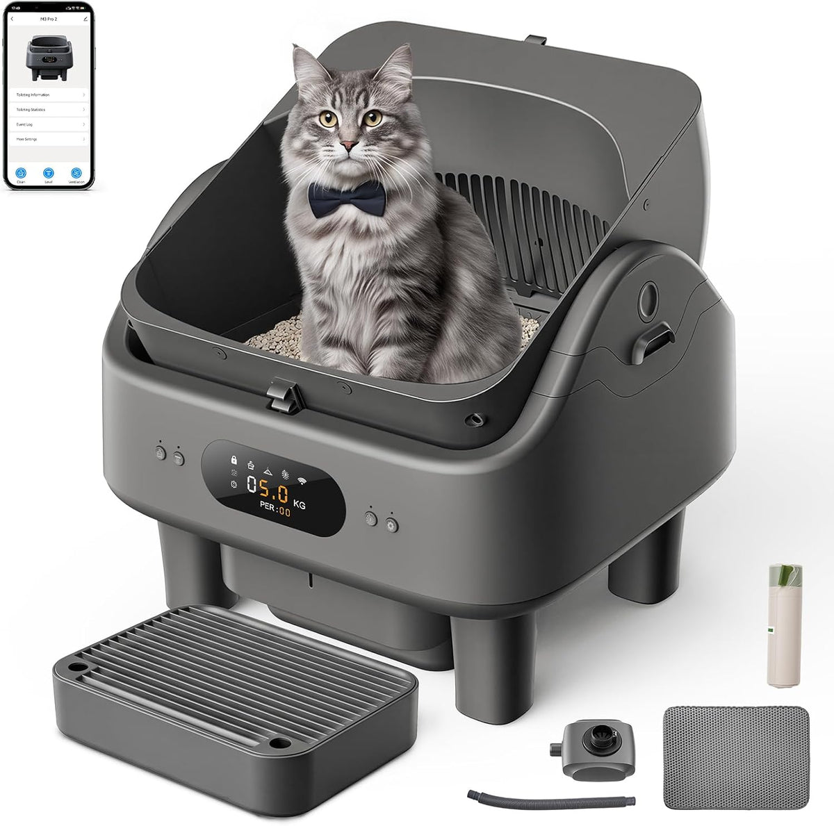 Open-top automatic litter box with LED display and waste drawer