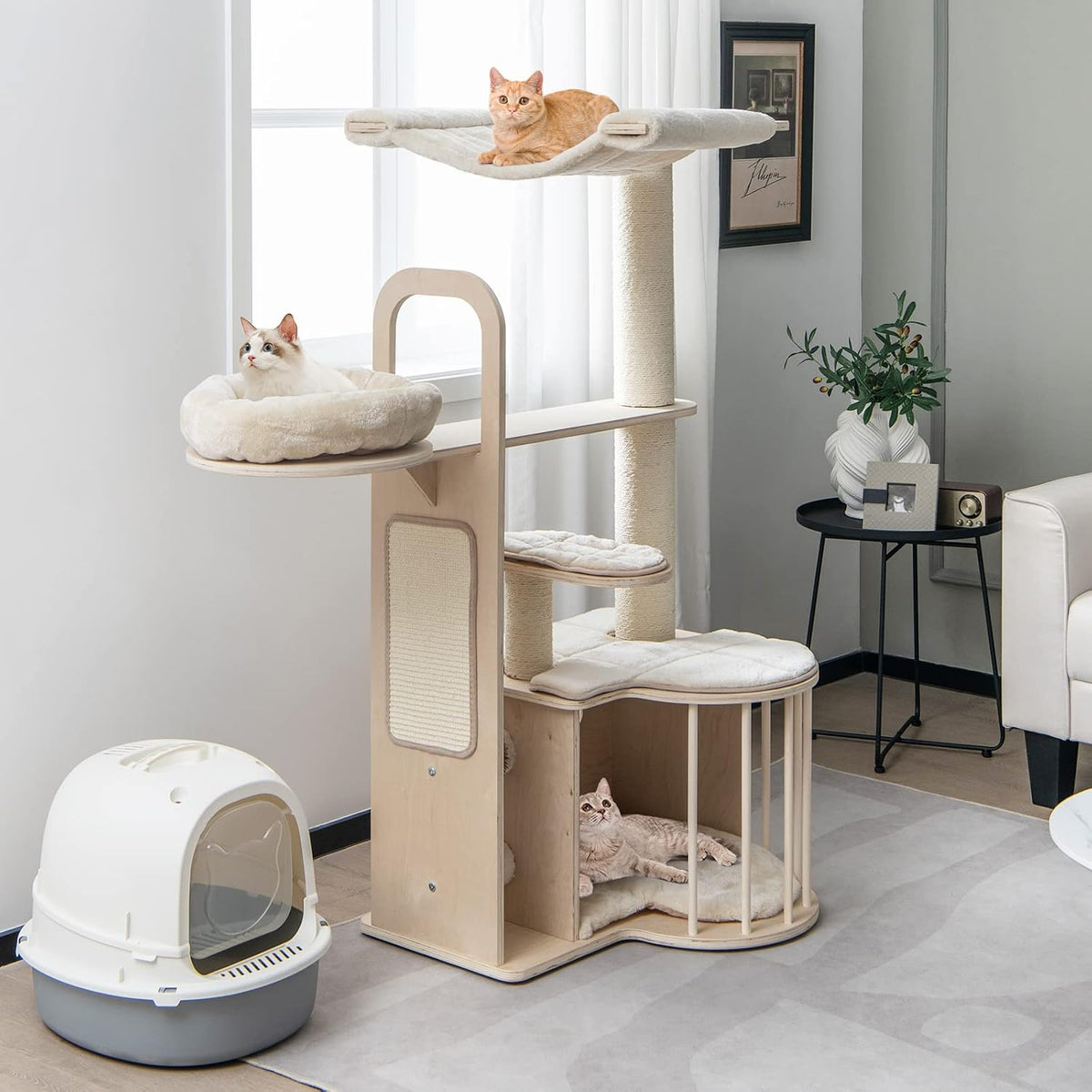 Solid wood modular cat tower with space capsule nest and scratching posts – view 2