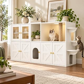 Cat Litter Box Enclosure TV Stand with Storage Cabinets, White