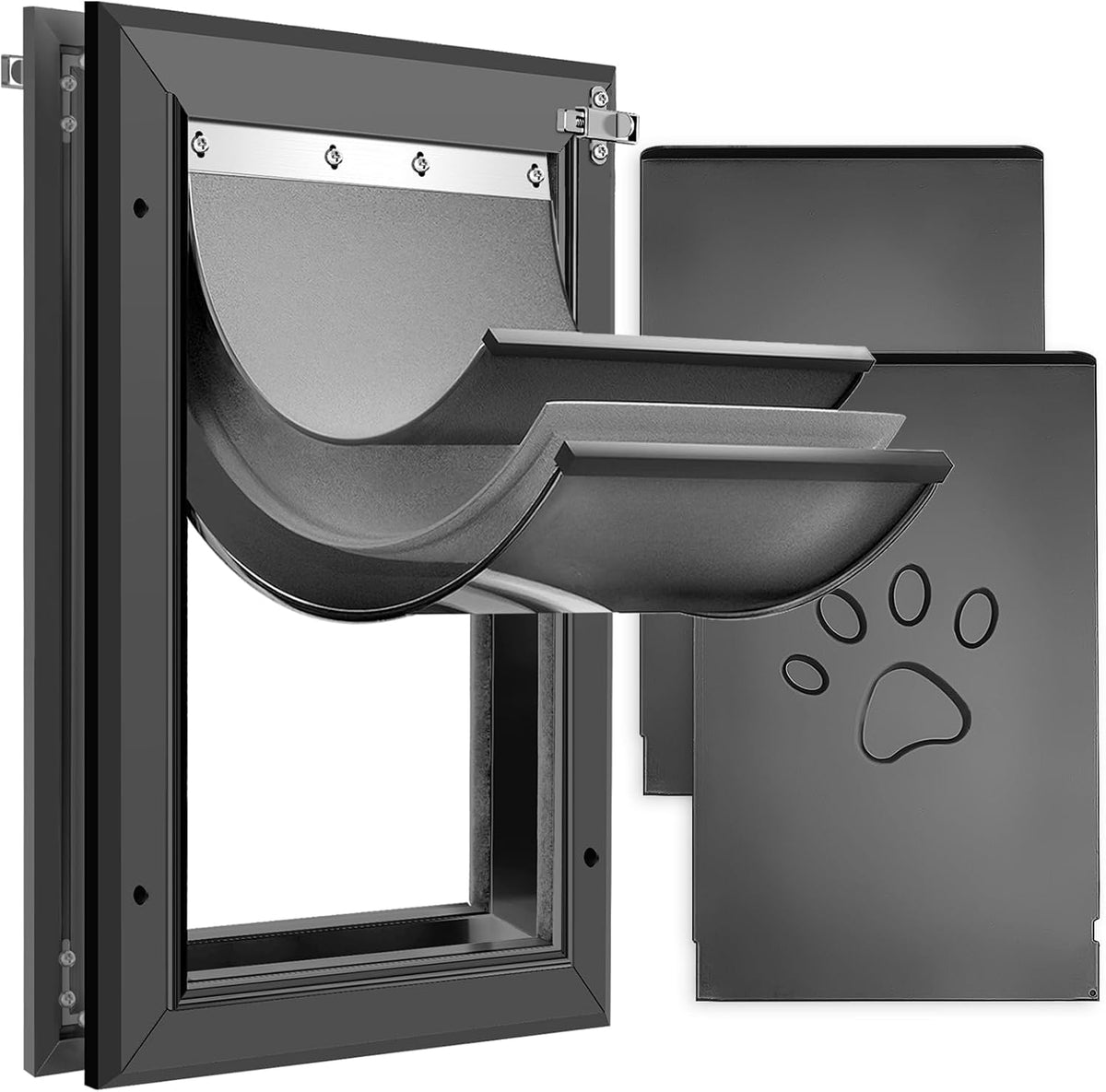 Silvery white aluminum dog door with three flaps installed in a door – view 6
