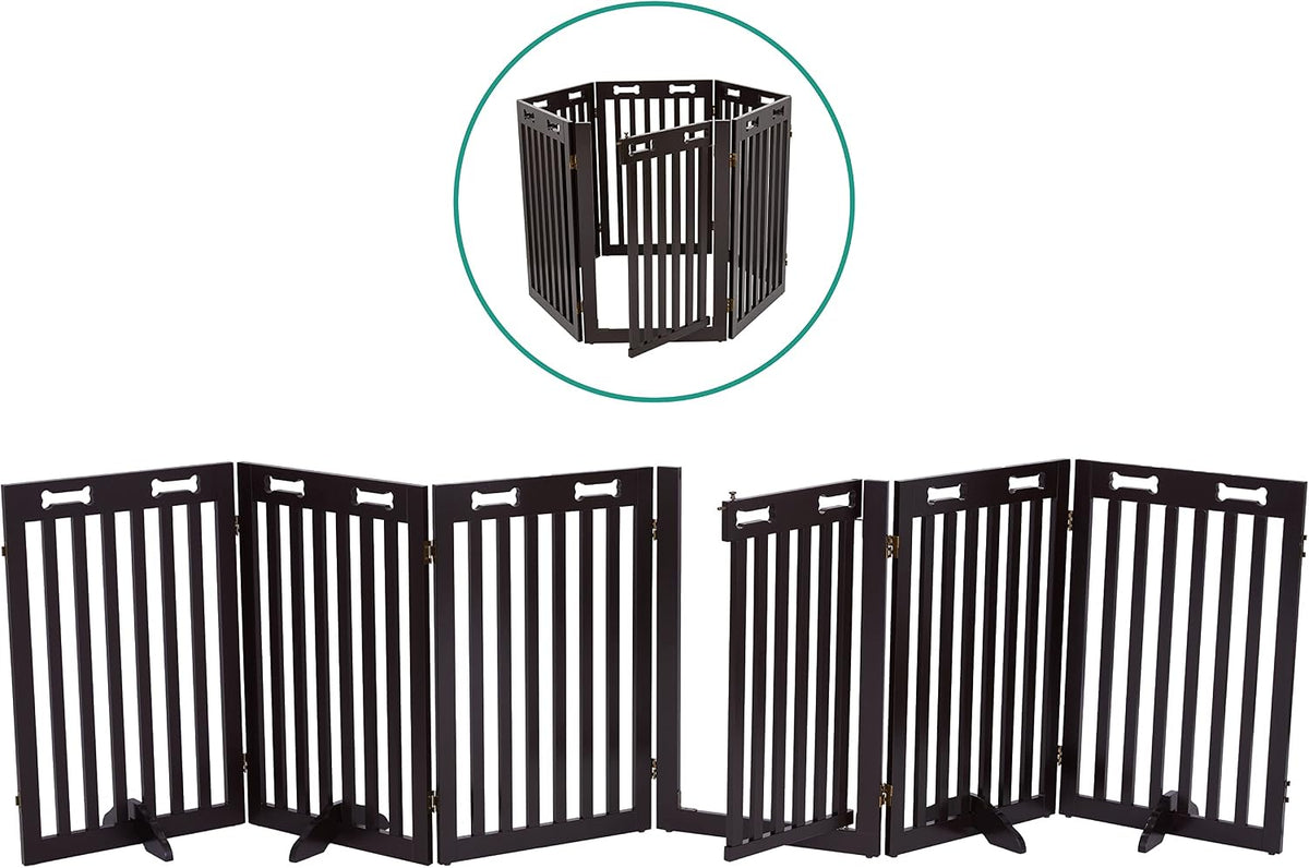 Espresso wooden six panel freestanding dog gate with walk-through door