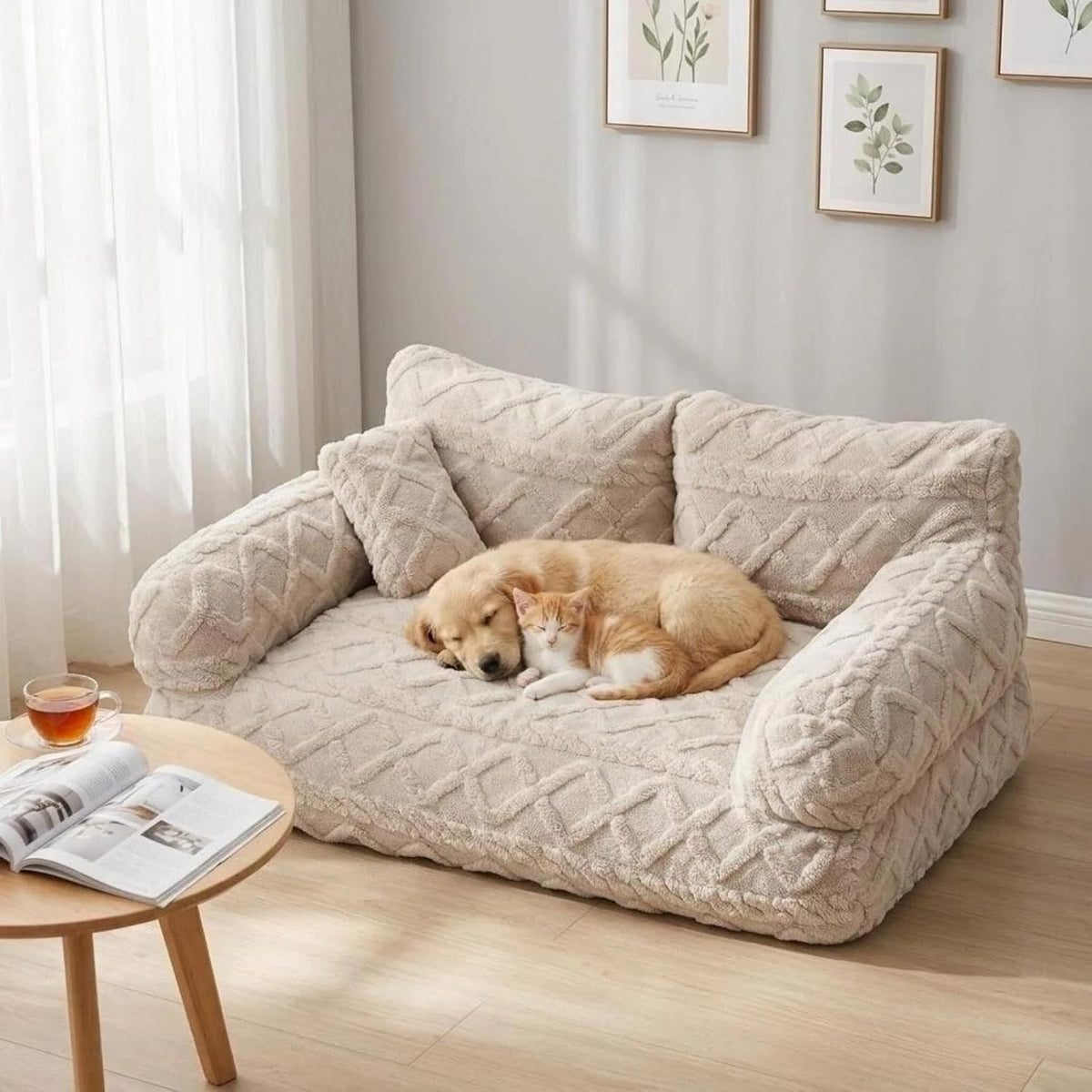 Light grey fluffy plush pet sofa bed with raised rim – view 5