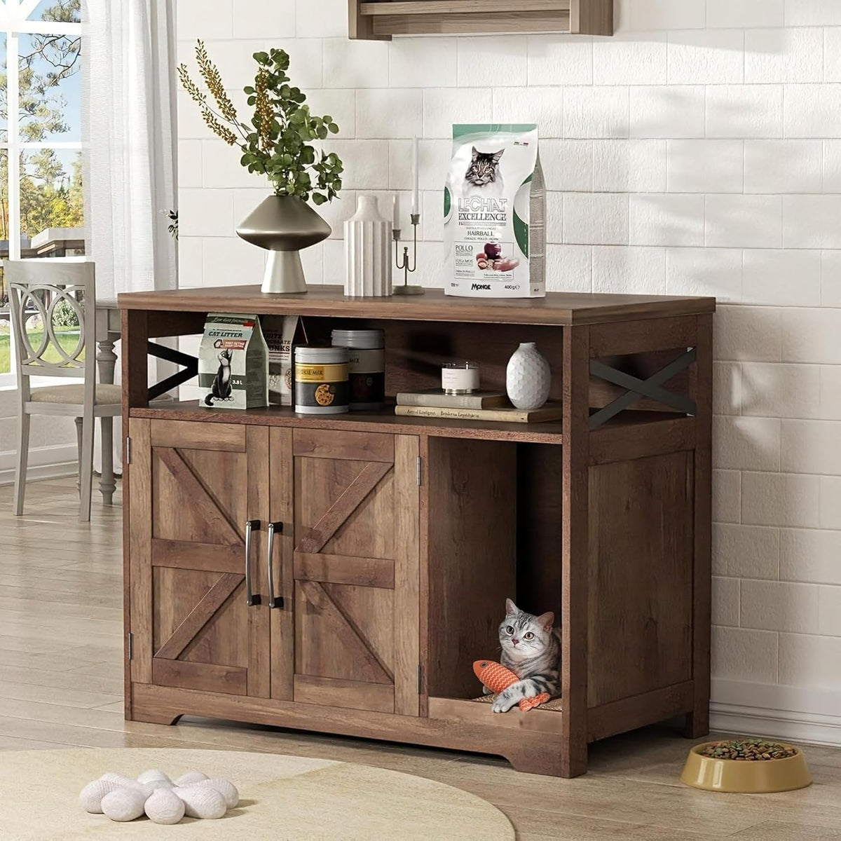 Retro brown farmhouse litter box enclosure cabinet with scratch pad used as an end table