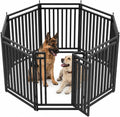 Black and silver 47 inch 8-panel metal dog playpen in a yard