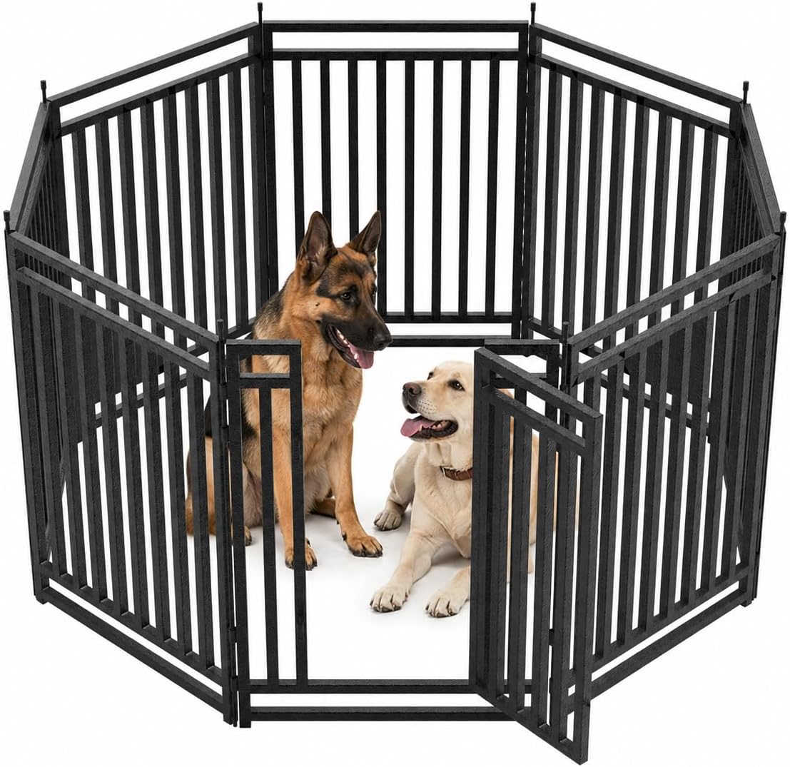 Black and silver 47 inch 8-panel metal dog playpen in a yard