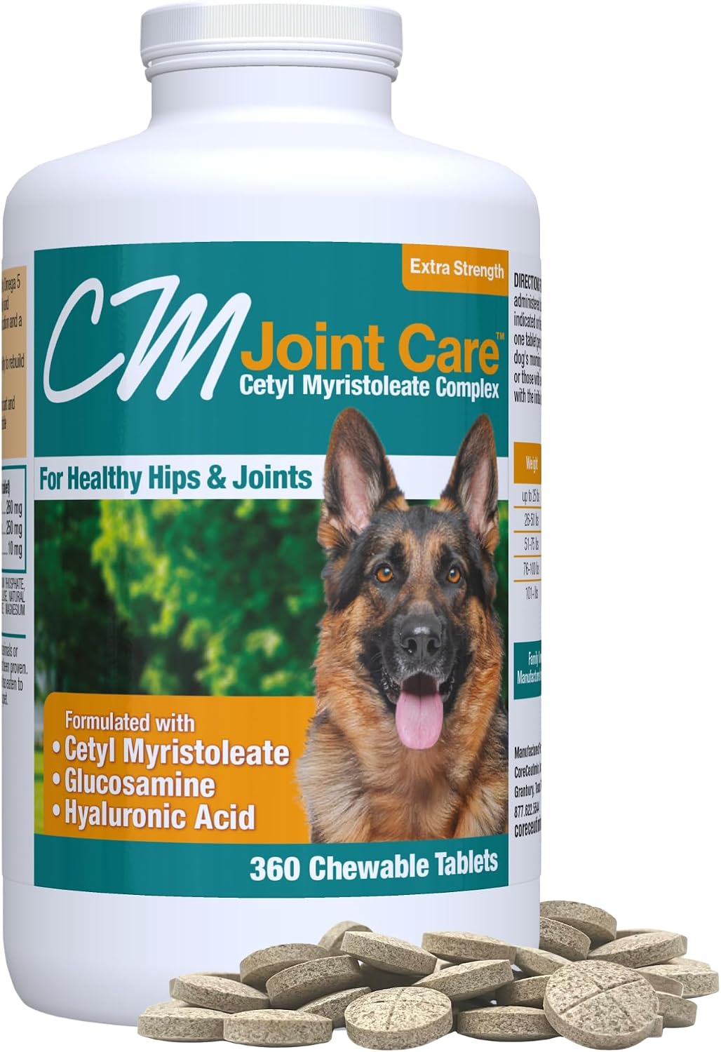 Bottle of cetyl myristoleate hip and joint chewable tablets for dogs