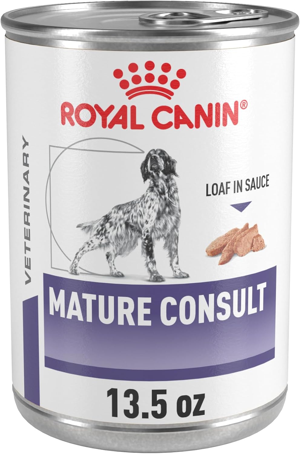 Case of veterinary mature adult loaf in sauce dog food cans