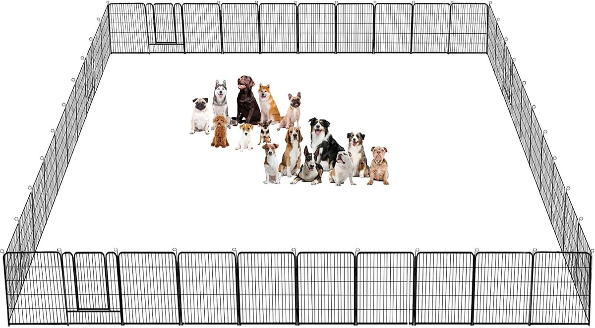Black 40 inch metal dog playpen with fourteen panels set up in a yard – view 9
