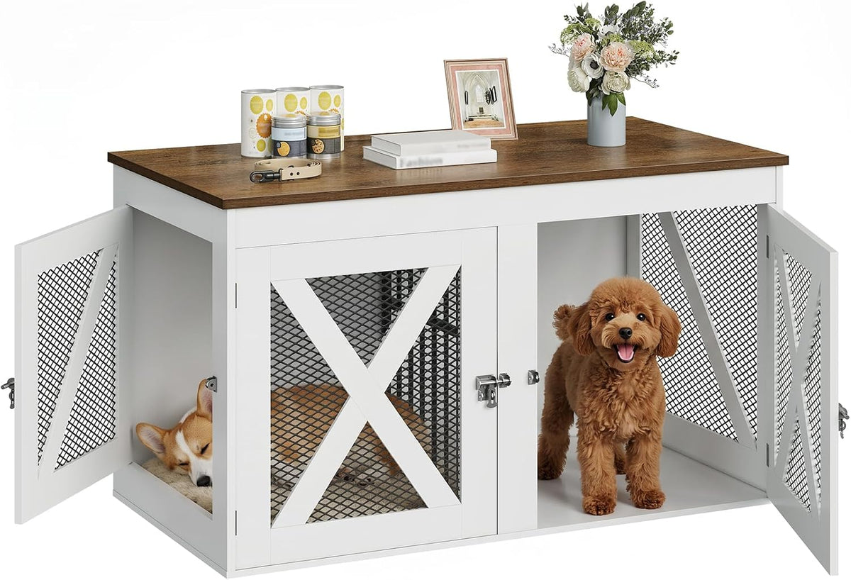 Dog crate furniture with center divider and three doors housing two small dogs