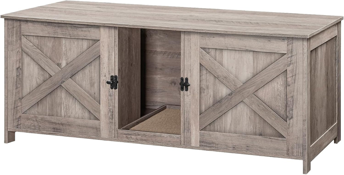 Rustic brown double-room litter box cabinet with scratching board – view 3