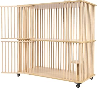 2-Tier Wooden Cat House Villa Cage, 42.5 Inches, with 4 Universal Wheels and Jumping Platform