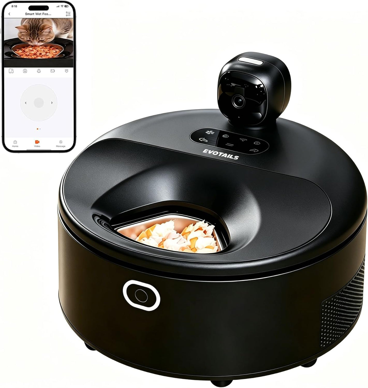 Black wet food automatic cat feeder with camera and five stainless steel trays
