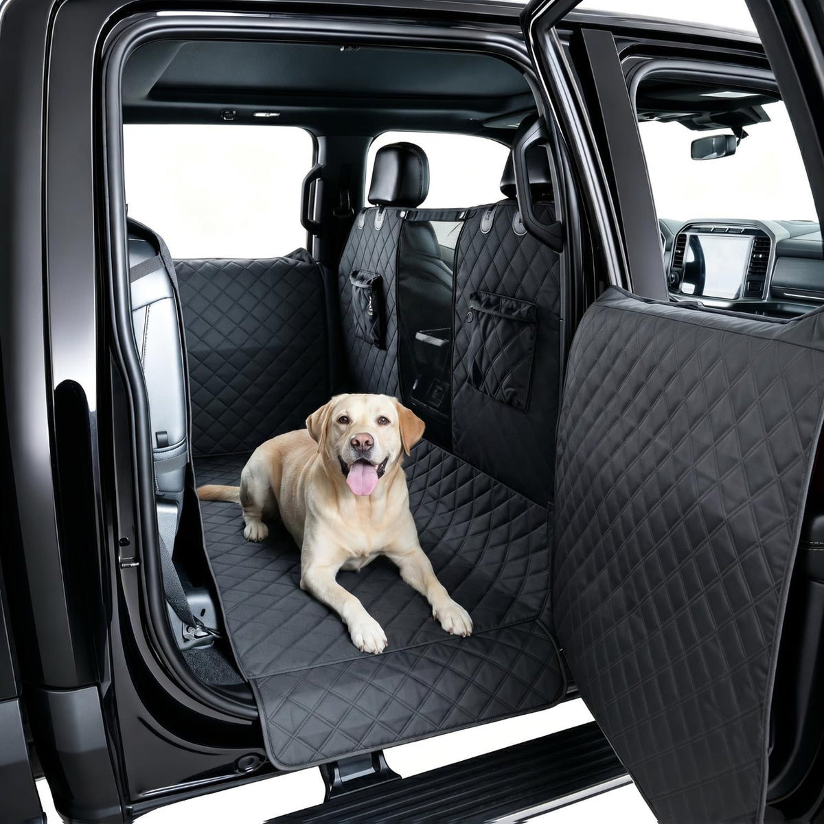 Dog floor cover installed in a crew cab truck back seat with door protection panels