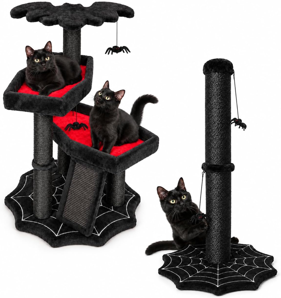 Black plush cat tree with bat perch and coffin beds beside a scratching post