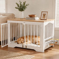 White farmhouse wooden dog crate end table with rotating feeder door