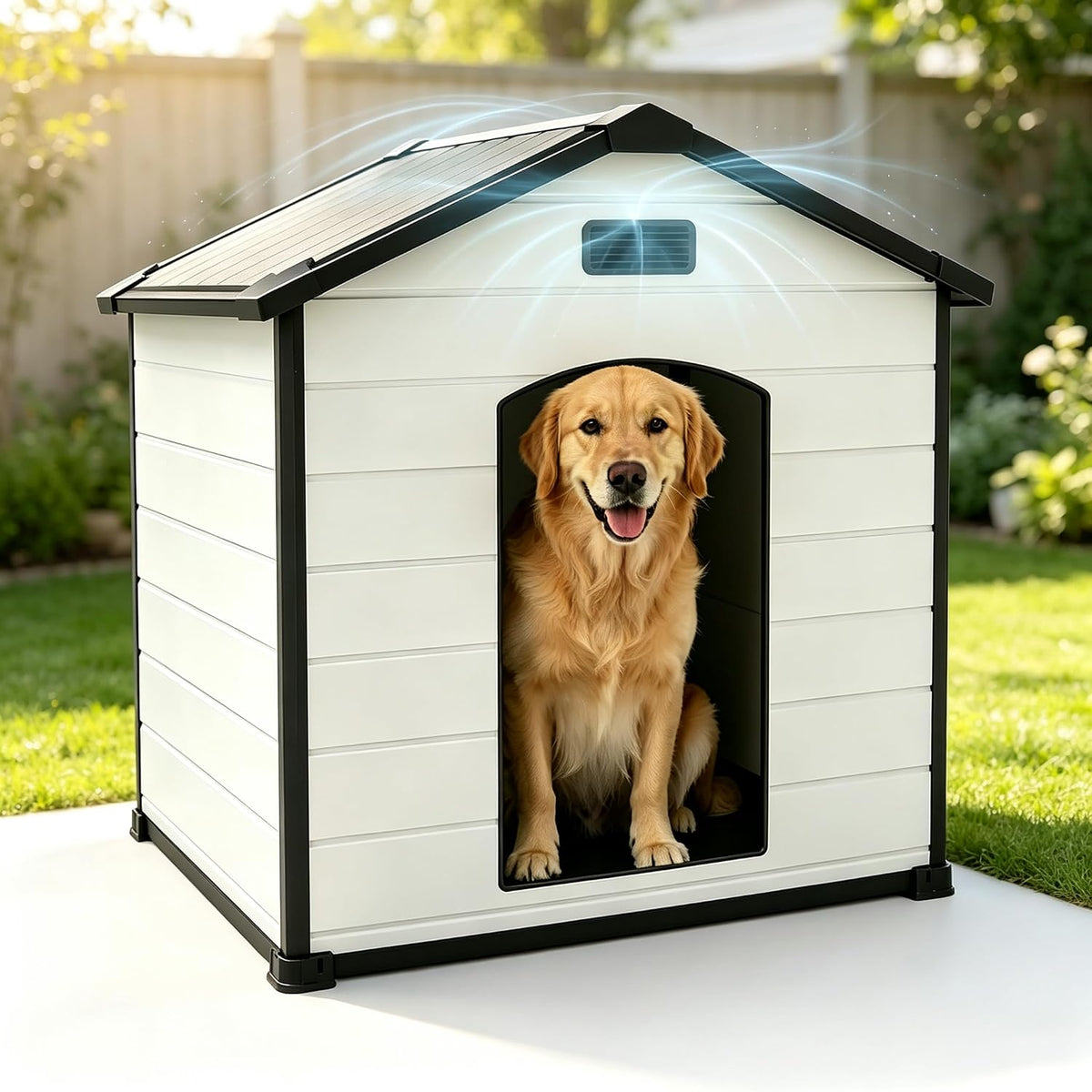 Cement gray extra large plastic dog house with sloped roof and vents