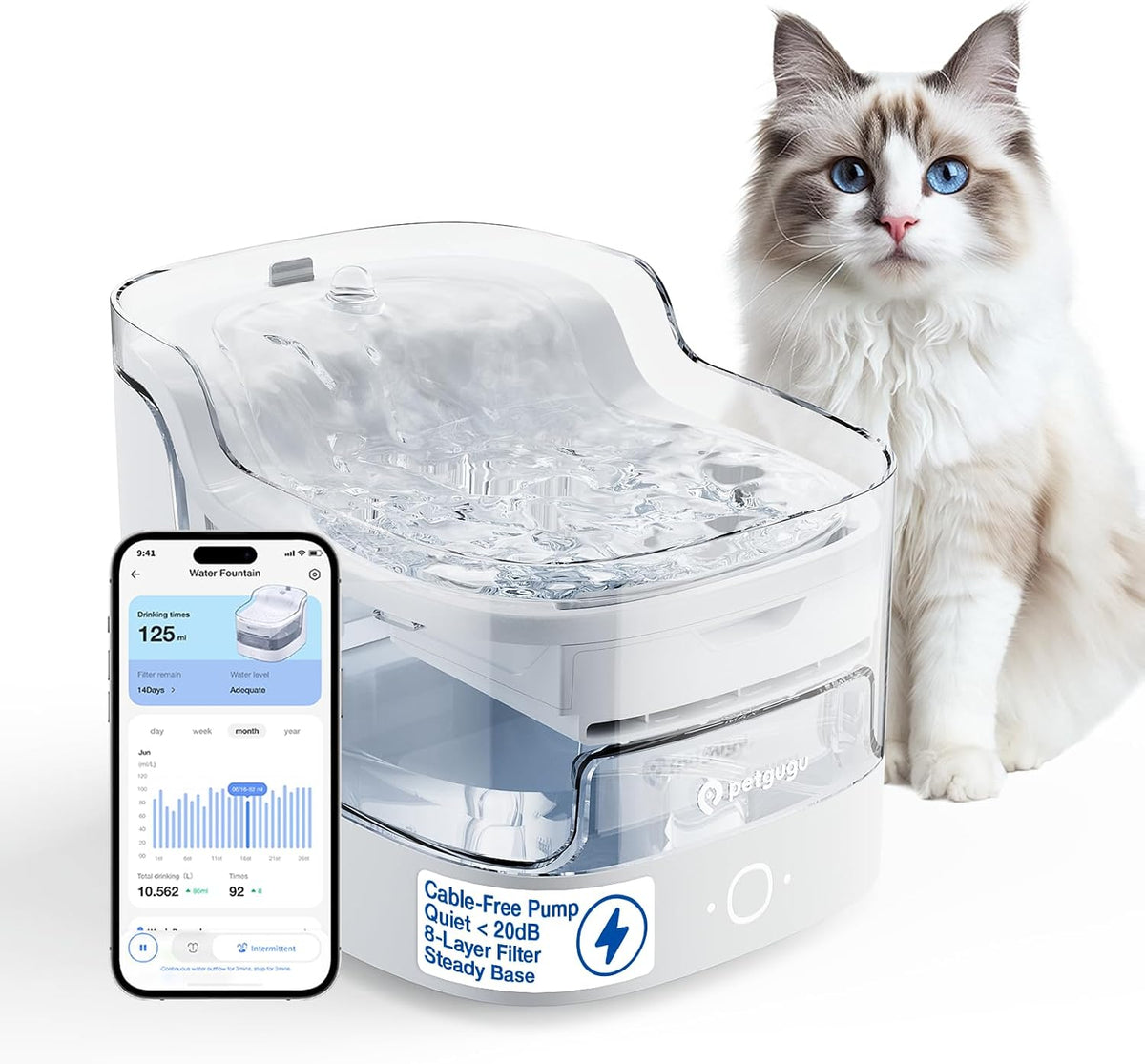 White WiFi cat water fountain with app monitoring – view 3