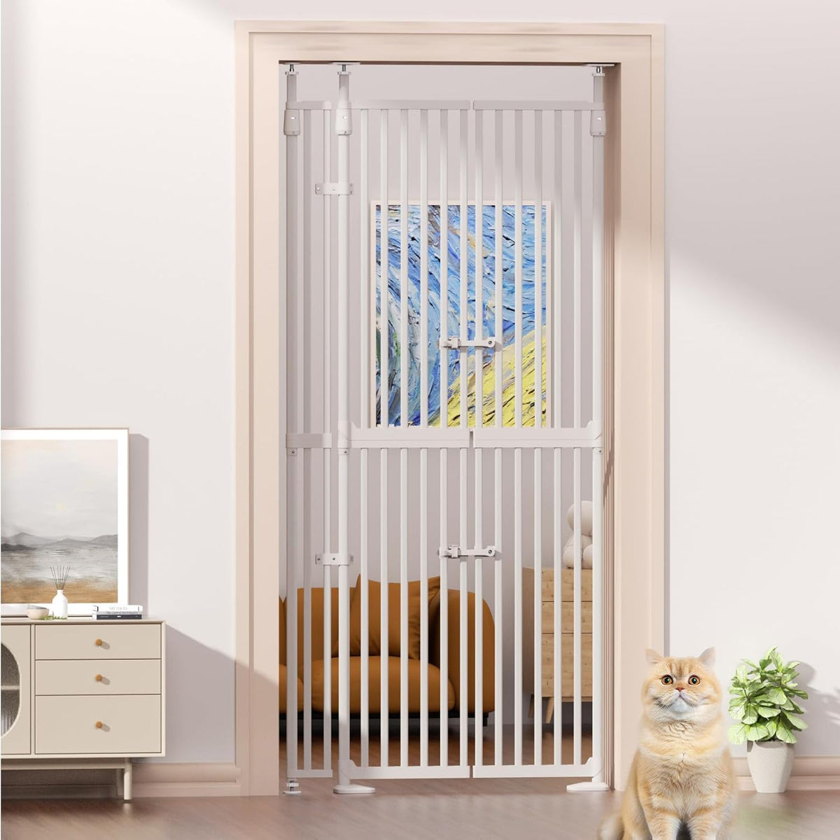 Extra tall white pressure mounted cat gate in a doorway