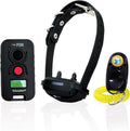Remote dog training collar set with handheld transmitter and hands-free button