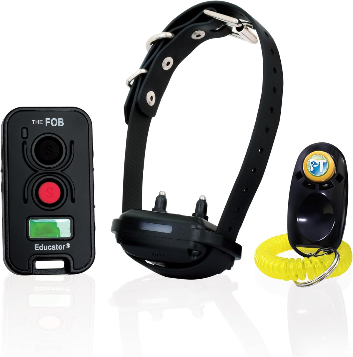 Remote dog training collar set with handheld transmitter and hands-free button