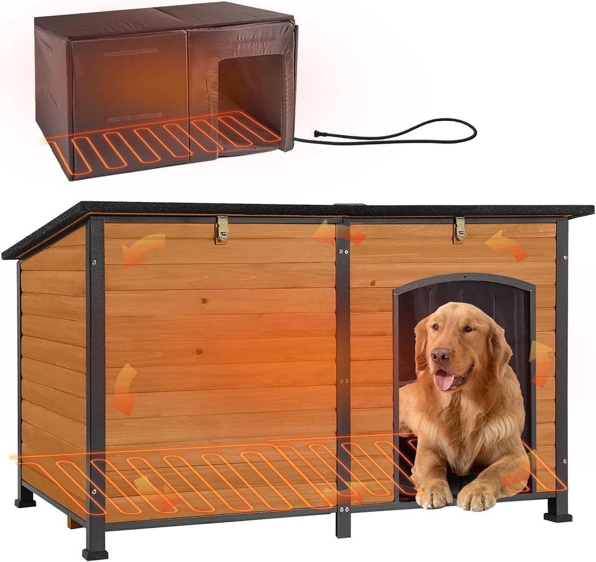 Khaki heated outdoor dog house with metal frame and insulated liner – view 5