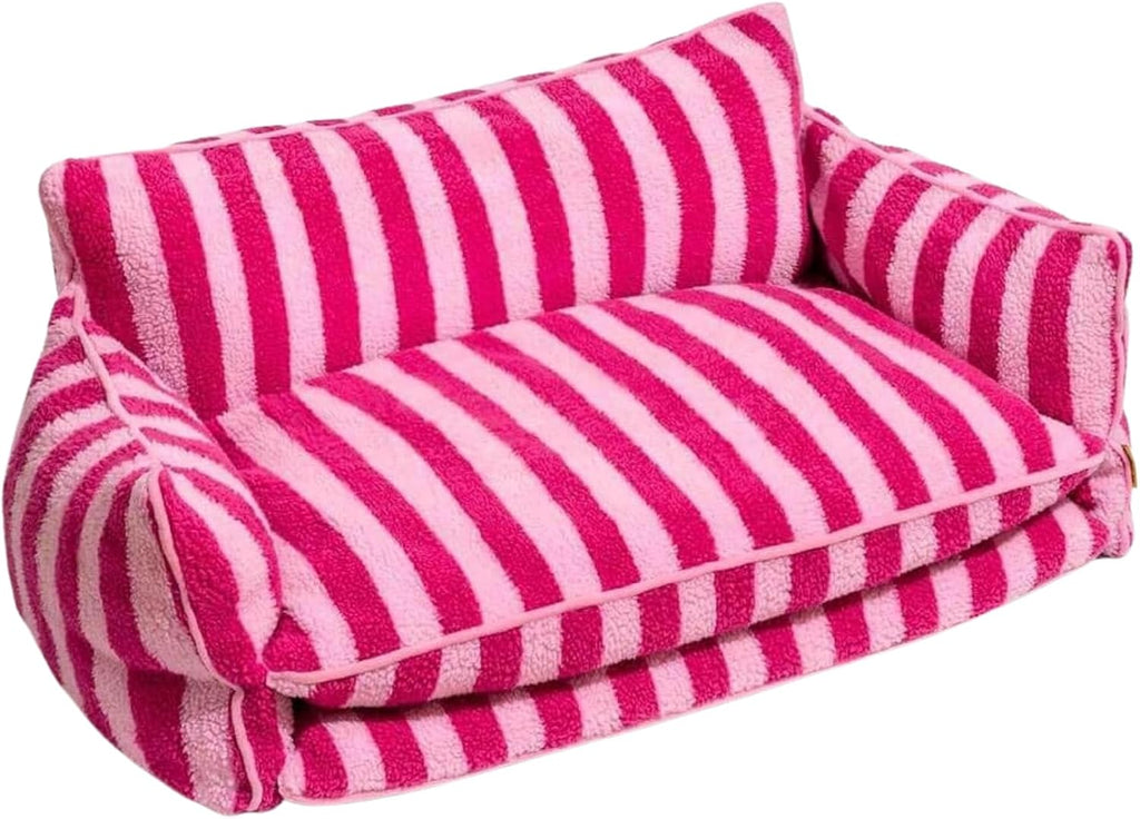 Pink striped dog sofa bed with pillow cushions, extra large