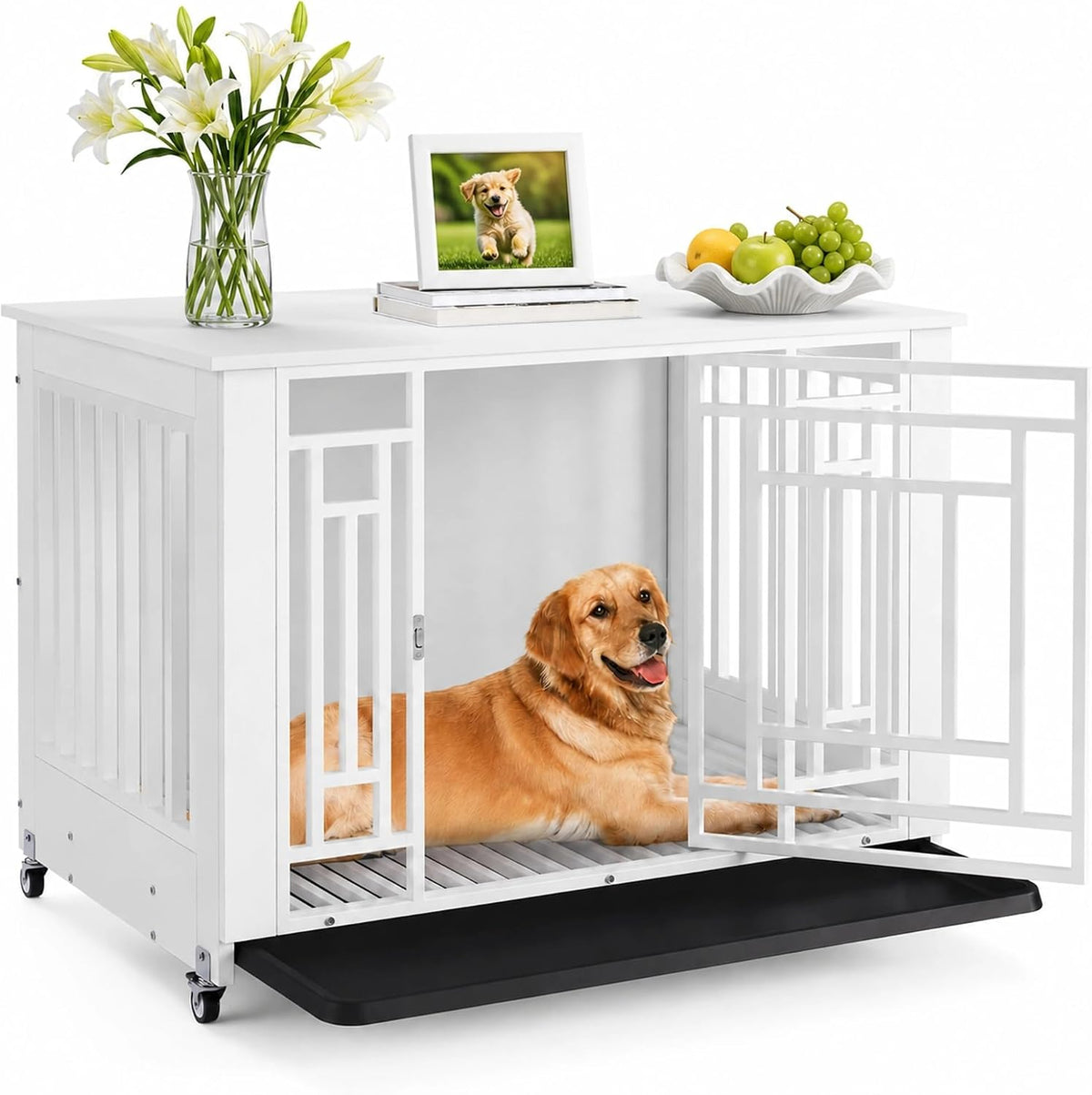 White wooden dog crate furniture on wheels