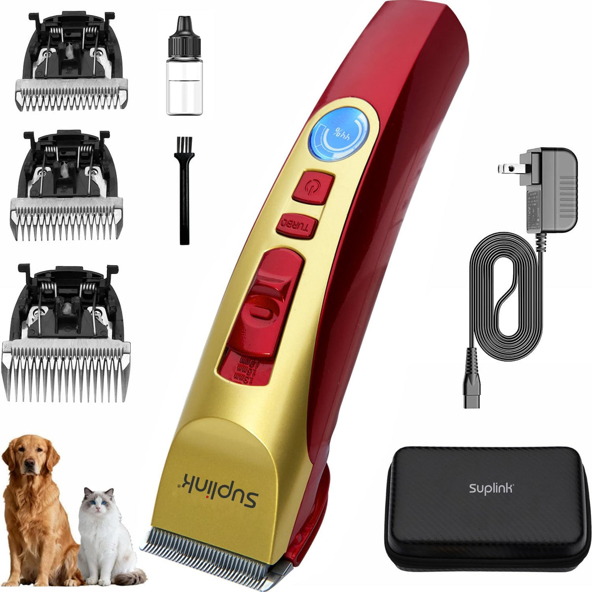 Cordless two-speed dog grooming clippers with blades, oil, cleaning brush and storage bag