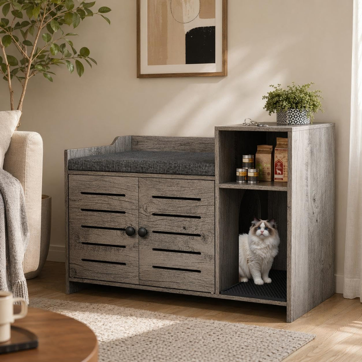 Grey litter box enclosure end table with double doors and storage shelf