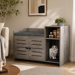 Cat Litter Box Enclosure Furniture, Large Hidden Cabinet with Double Door and Storage Shelf, End Table Style, Grey
