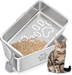 Stainless Steel Sifting Litter Box for Pine Pellets, Extra Large Metal Litter Pan with Sifter, 23.6 x 15.7 x 7.9 In