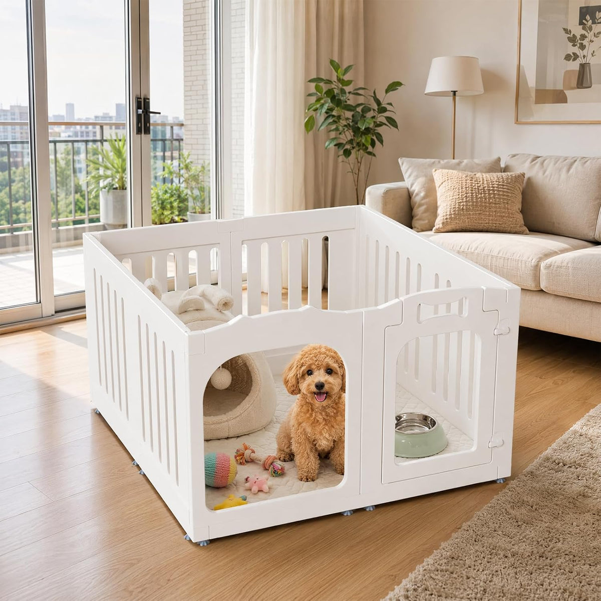 Clear acrylic 10-panel dog playpen with double lock door indoors – view 2