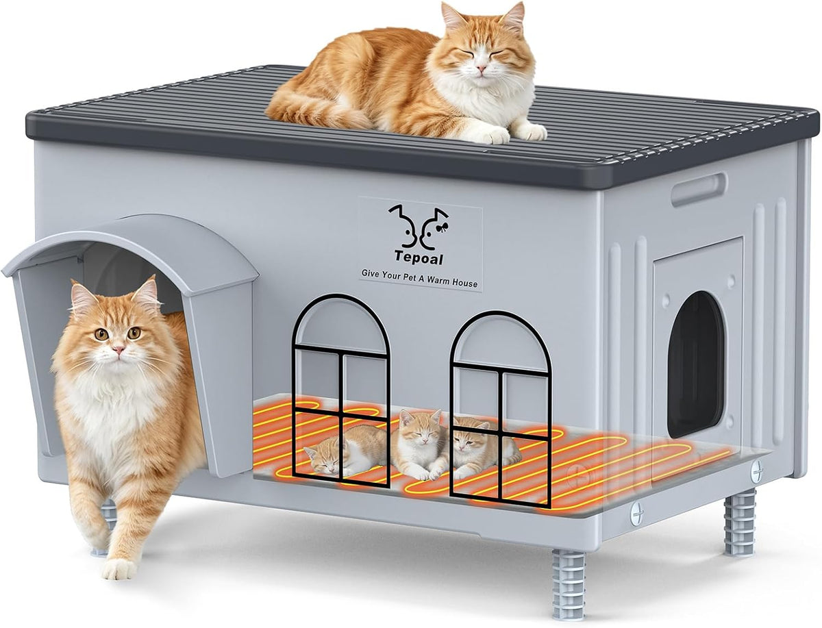 Insulated elevated outdoor cat house with two doors