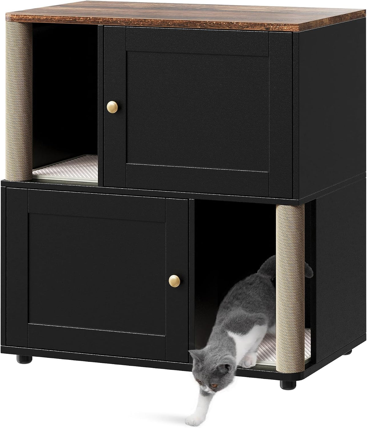 White double litter box enclosure with scratching post and litter mat – view 2
