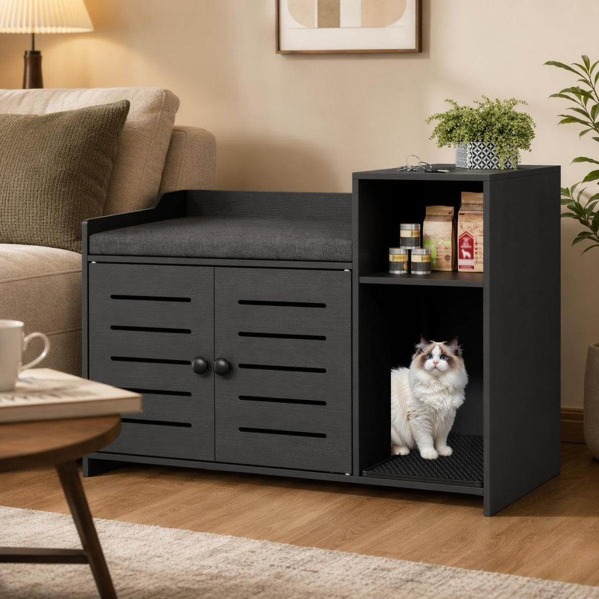 Grey litter box enclosure end table with double doors and storage shelf – view 2