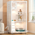 Wooden enclosed cat condo cage on wheels with glass doors