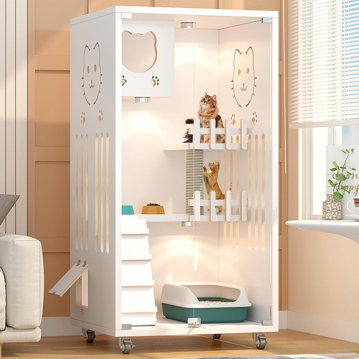 Wooden enclosed cat condo cage on wheels with glass doors