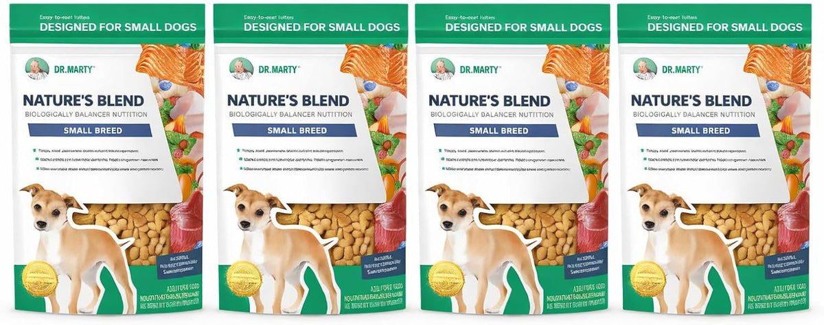 Four 16 oz bags of freeze-dried raw food for adult small-breed dogs