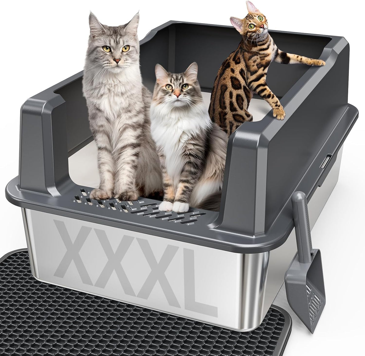 Gray stainless steel cat litter box with lid and scoop – view 2