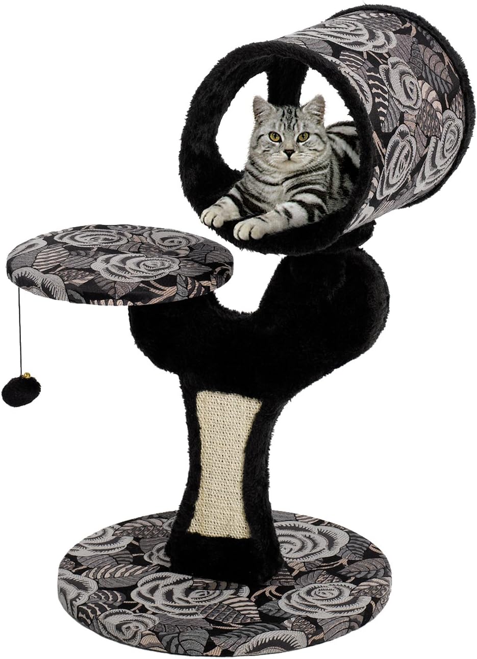 Three-tier woven rattan cat tree with dome cubby, basket bed and sisal posts – view 2