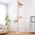 Floor to ceiling solid wood cat tree with sisal post and plush bed