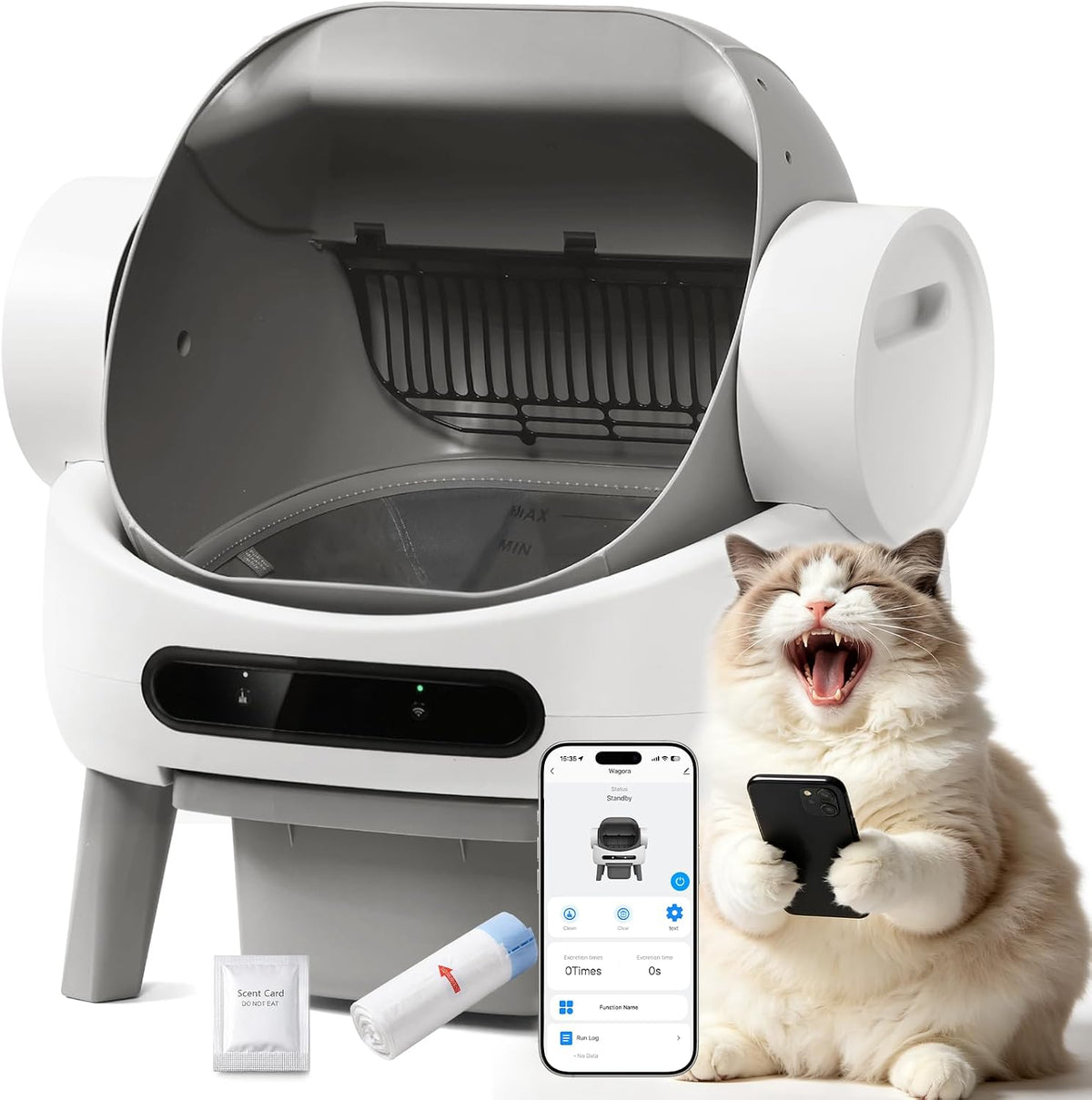 White open-top self-cleaning cat litter box