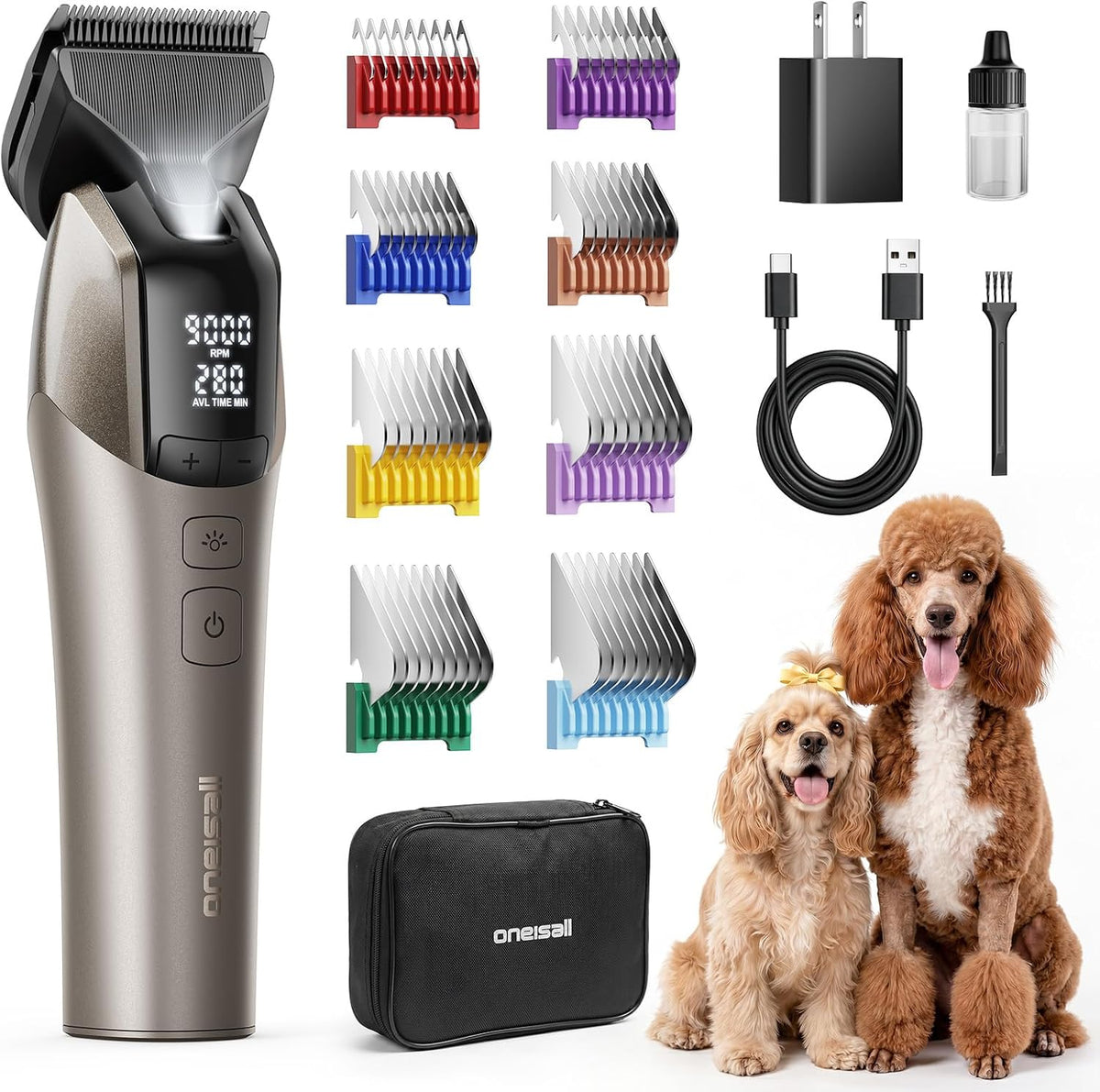 Cordless dog grooming clipper kit with metal guide combs and case – view 2