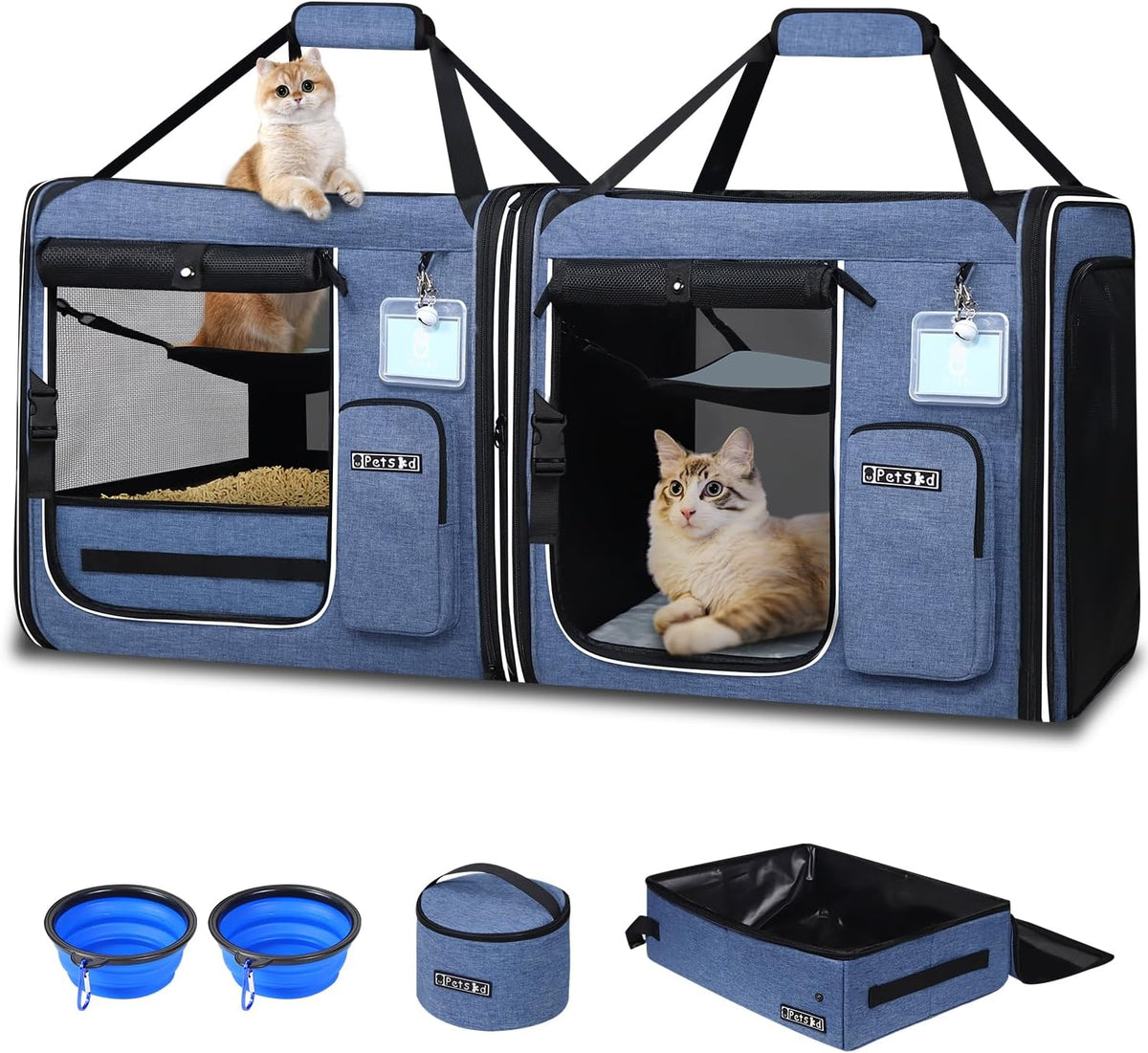 Blue double cat travel carrier with litter box compartment